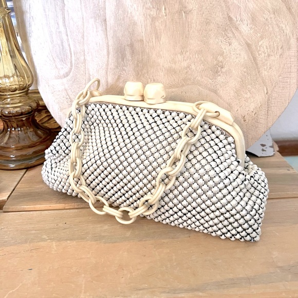 Whiting & Davis Handbags - Vintage Whiting & Davis Co. Alumesh Ivory Celluloid Purse Chain Link Strap USA